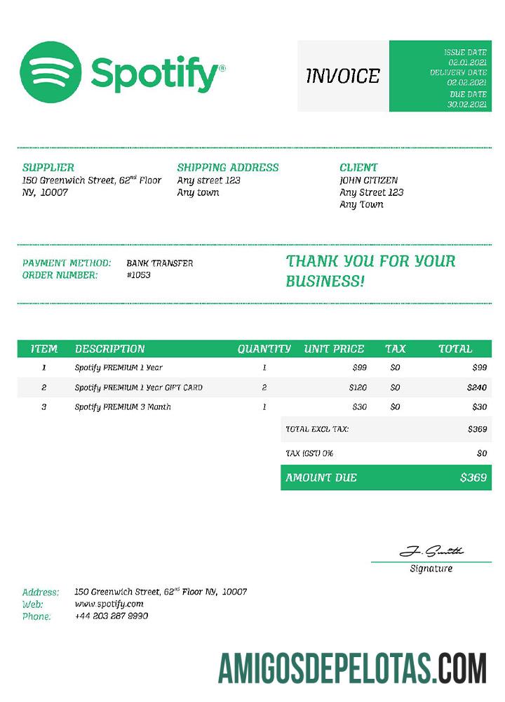 Fatura Spotify dos EUA modelo